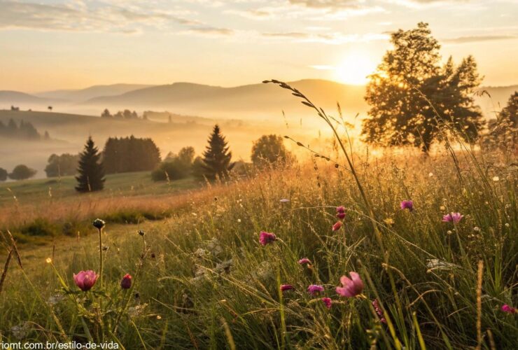 Amanhecer tranquilo com paisagem serena e luz suave, representando uma mensagem de bom dia para segunda-feira