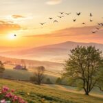 Paisagem tranquila ao amanhecer com luz suave e elementos da natureza, simbolizando um novo começo para a segunda-feira