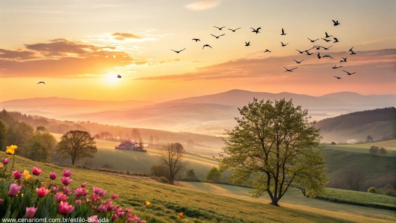 Paisagem tranquila ao amanhecer com luz suave e elementos da natureza, simbolizando um novo começo para a segunda-feira