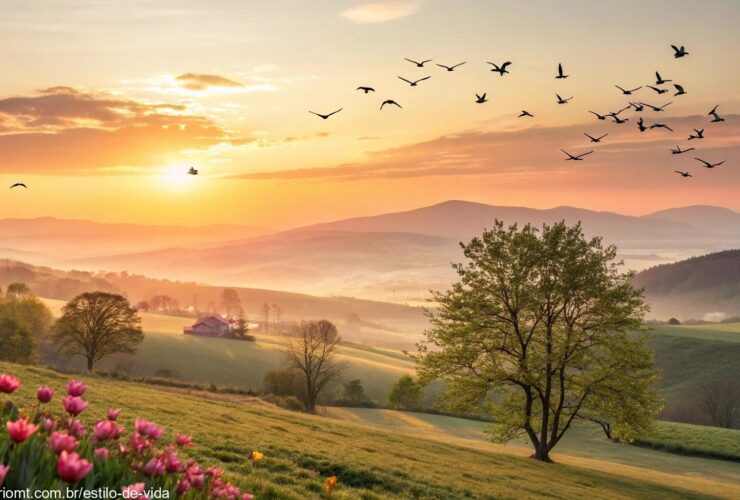 Paisagem tranquila ao amanhecer com luz suave e elementos da natureza, simbolizando um novo começo para a segunda-feira