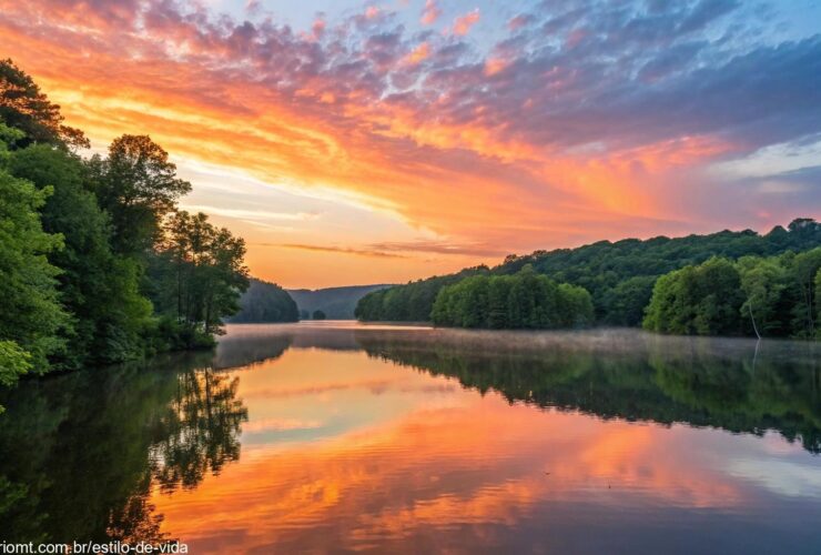 Nascer do sol tranquilo sobre um lago calmo com tons vibrantes de laranja e rosa refletindo na água, cercado por árvores verdes e um céu azul limpo