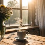 Cena de manhã tranquila com luz do sol entrando pela janela, xícara de café em mesa de madeira e flores frescas em um vaso