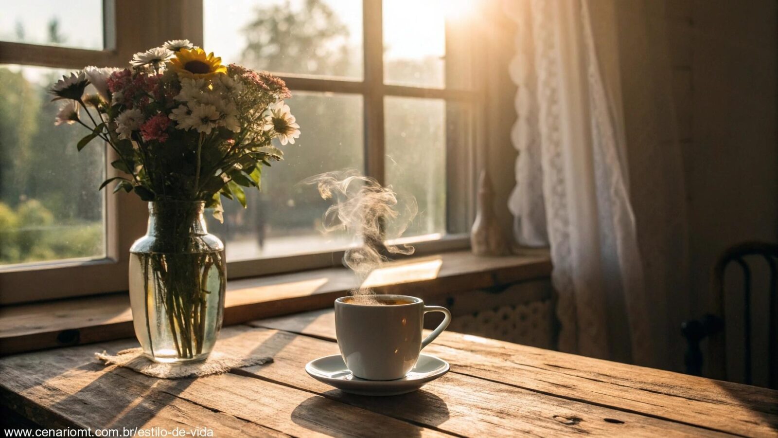Cena de manhã tranquila com luz do sol entrando pela janela, xícara de café em mesa de madeira e flores frescas em um vaso