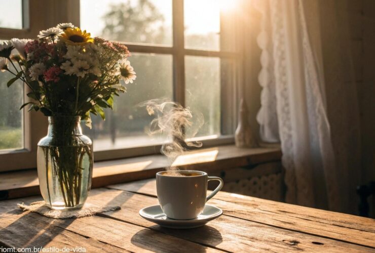 Cena de manhã tranquila com luz do sol entrando pela janela, xícara de café em mesa de madeira e flores frescas em um vaso