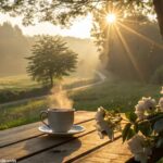 Cena de manhã tranquila com luz do sol dourada, café fumegante e flores simbolizando bênçãos e otimismo