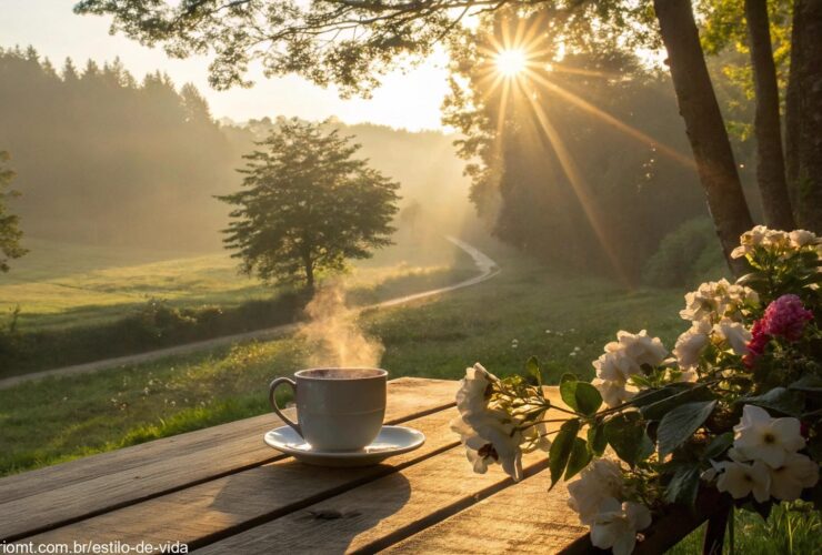 Cena de manhã tranquila com luz do sol dourada, café fumegante e flores simbolizando bênçãos e otimismo