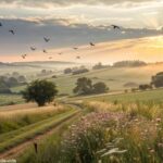 Amanhecer em uma paisagem campestre tranquila, com luz suave e atmosfera acolhedora de sexta-feira