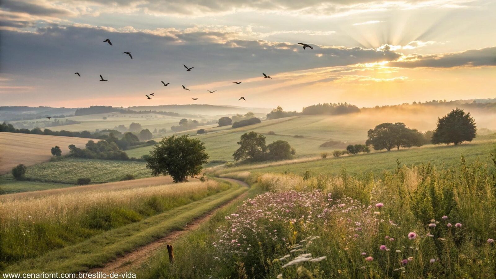 Amanhecer em uma paisagem campestre tranquila, com luz suave e atmosfera acolhedora de sexta-feira
