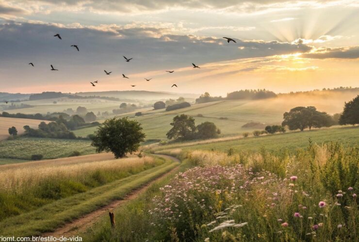 Amanhecer em uma paisagem campestre tranquila, com luz suave e atmosfera acolhedora de sexta-feira