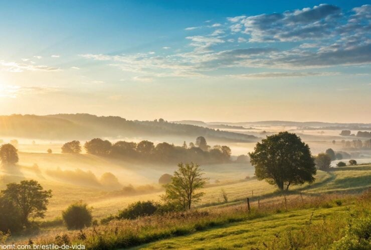 Paisagem de manhã ensolarada com céu azul claro e névoa suave sobre o campo, transmitindo boas energias