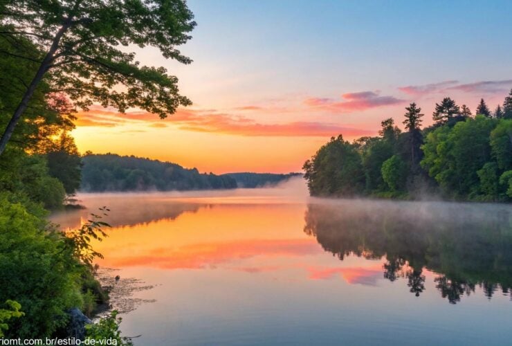 nascer do sol sereno sobre um lago calmo com tons vibrantes de laranja e rosa refletindo na água, cercado por árvores verdes e um céu azul limpo