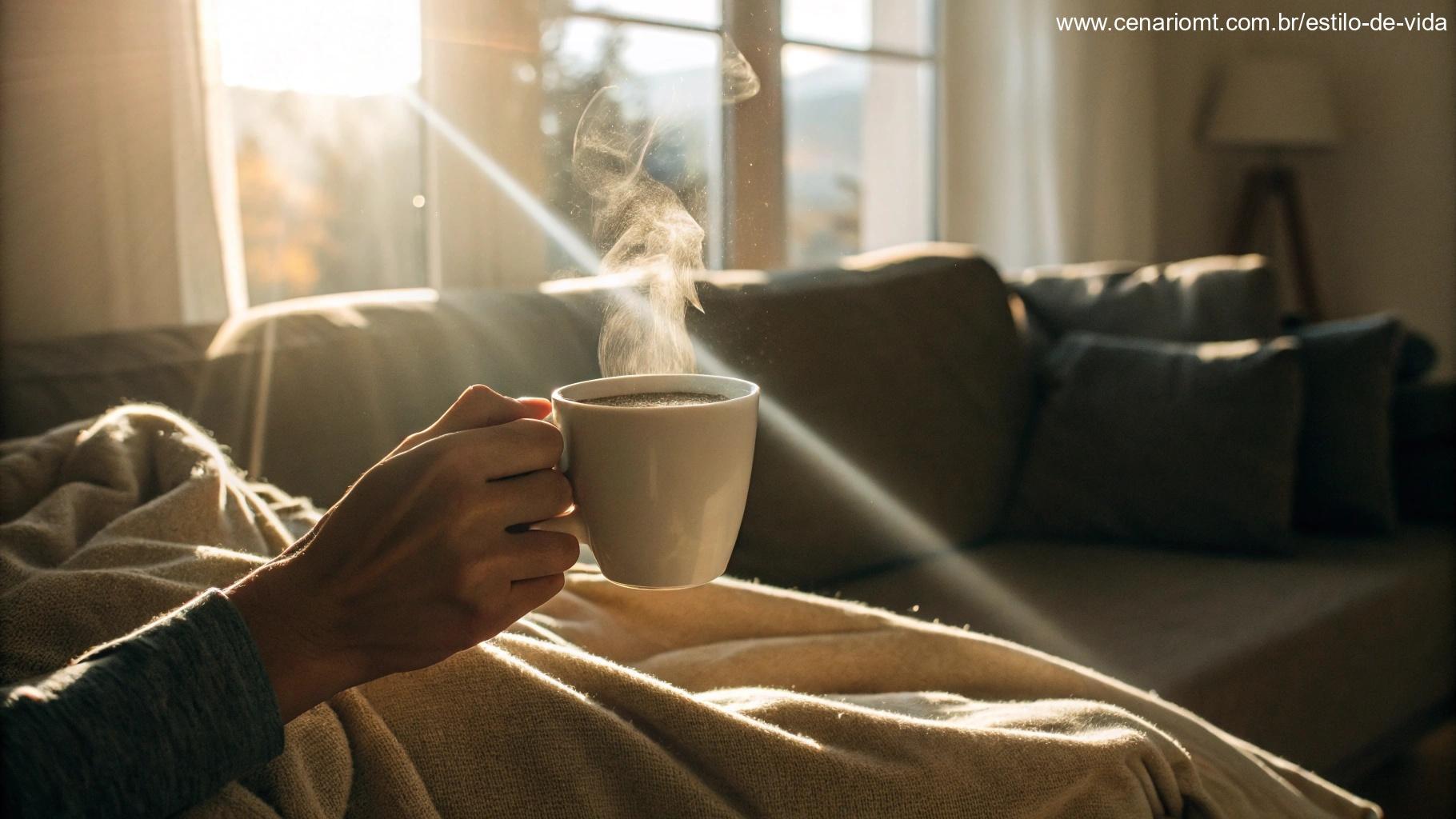 Cena acolhedora de manhã com um close-up de uma mão segurando uma xícara de café fumegante, com a luz do sol entrando, criando uma atmosfera relaxante e convidativa, perfeita para uma mensagem de domingo para WhatsApp.
