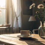 Cena tranquila e serena de manhã com luz suave filtrando pela janela, uma xícara de café em uma mesa de madeira e um vaso de flores delicadas, simbolizando o começo calmo de um domingo, perfeito para uma mensagem de Dia das Mães para WhatsApp.