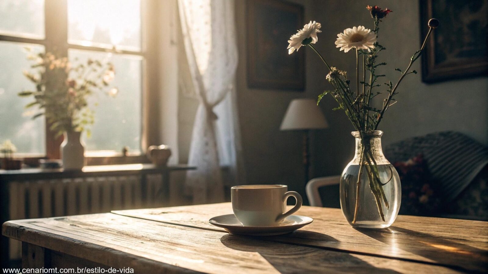 Cena tranquila e serena de manhã com luz suave filtrando pela janela, uma xícara de café em uma mesa de madeira e um vaso de flores delicadas, simbolizando o começo calmo de um domingo, perfeito para uma mensagem de Dia das Mães para WhatsApp.