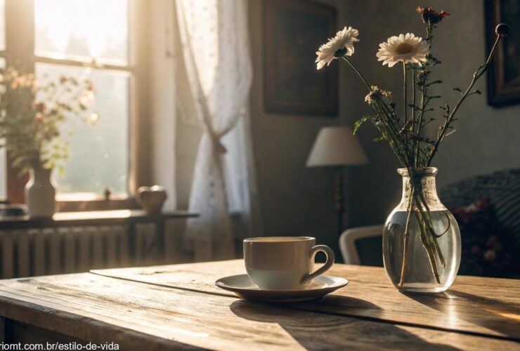 Cena tranquila e serena de manhã com luz suave filtrando pela janela, uma xícara de café em uma mesa de madeira e um vaso de flores delicadas, simbolizando o começo calmo de um domingo, perfeito para uma mensagem de Dia das Mães para WhatsApp.