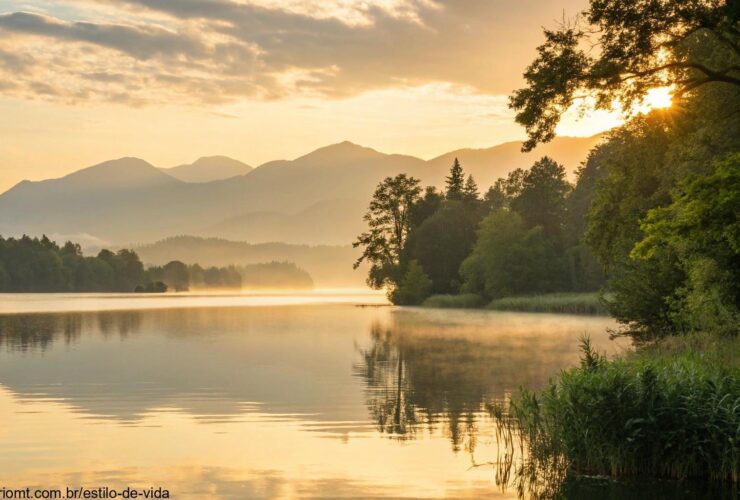 nascer do sol tranquilo sobre um lago calmo com reflexos dourados na água, cercado por árvores verdes e montanhas ao fundo