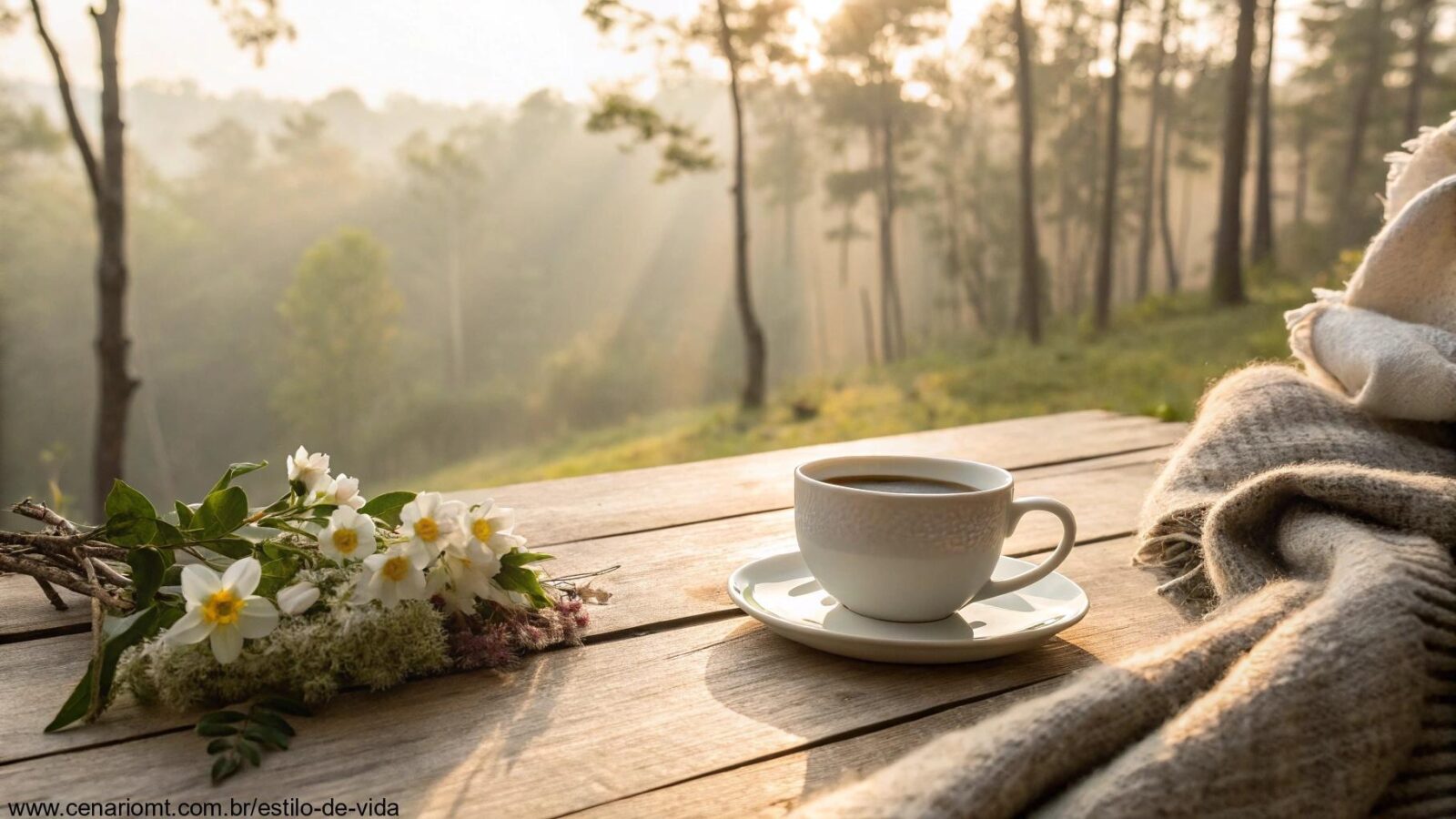 Cena tranquila de manhã com luz suave do sol, café, cobertor e flores frescas para inspirar a sexta-feira