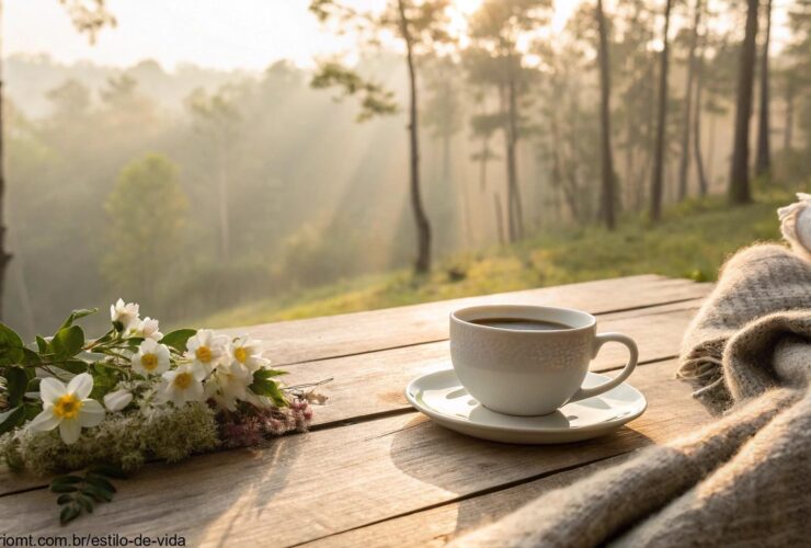 Cena tranquila de manhã com luz suave do sol, café, cobertor e flores frescas para inspirar a sexta-feira