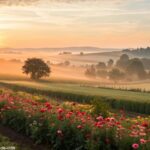 Amanhecer tranquilo no campo com luz suave e flores vibrantes para desejar bom dia nesta terça-feira