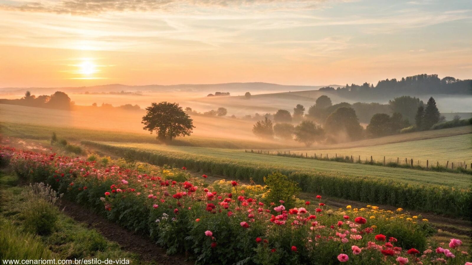 Amanhecer tranquilo no campo com luz suave e flores vibrantes para desejar bom dia nesta terça-feira