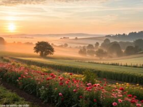 Amanhecer tranquilo no campo com luz suave e flores vibrantes para desejar bom dia nesta terça-feira