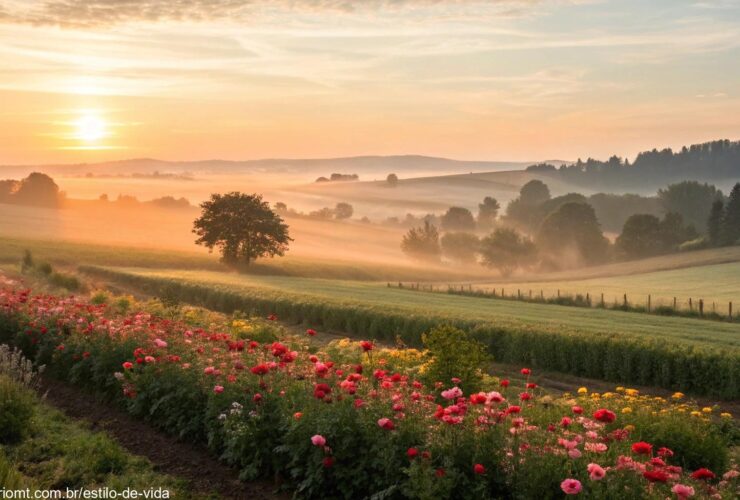 Amanhecer tranquilo no campo com luz suave e flores vibrantes para desejar bom dia nesta terça-feira