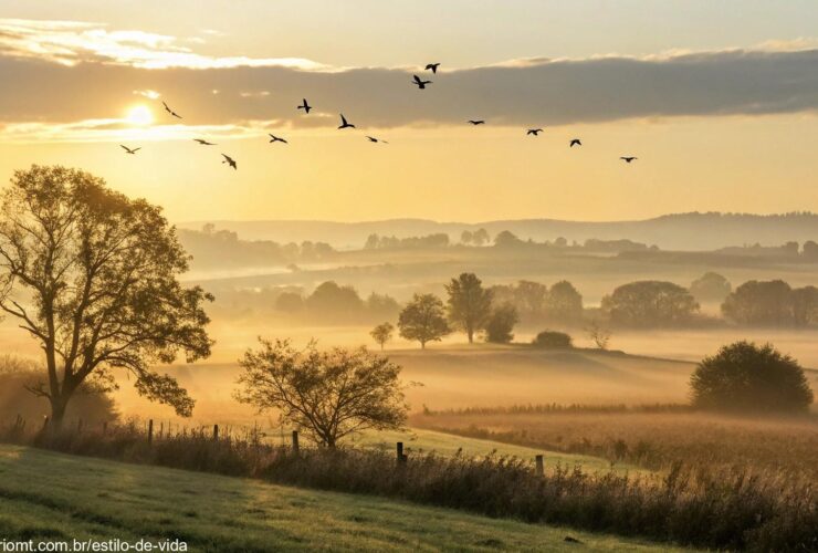 amanhecer sereno sobre o campo tranquilo com luz dourada suave, pássaros voando no céu e névoa matinal, transmitindo inspiração e calma espiritual