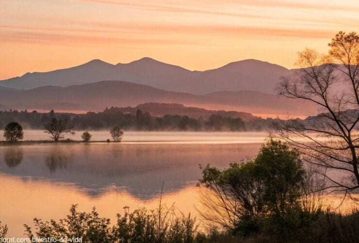 Uma imagem de um amanhecer tranquilo sobre um lago calmo, com luz suave refletindo na água e montanhas ao fundo, criando uma sensação positiva.