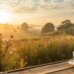 Paisagem tranquila ao amanhecer com flores e xícara de café sobre mesa de madeira