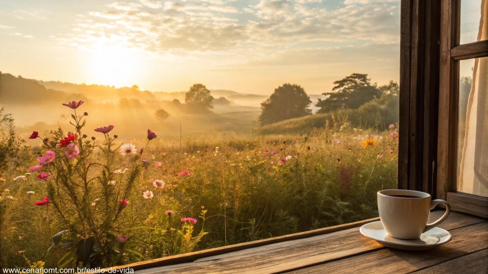 Paisagem tranquila ao amanhecer com flores e xícara de café sobre mesa de madeira