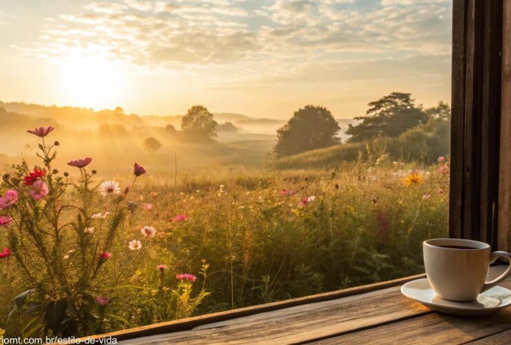 Paisagem tranquila ao amanhecer com flores e xícara de café sobre mesa de madeira