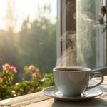 Cena tranquila de manhã com luz suave entrando pela janela, uma xícara de café e um fundo natural com folhas e flores.
