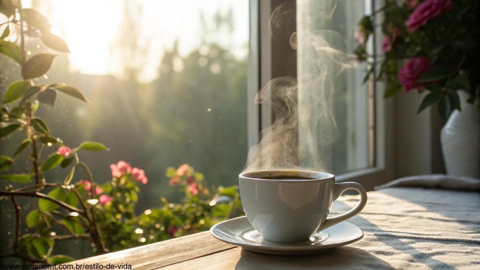 Cena tranquila de manhã com luz suave entrando pela janela, uma xícara de café e um fundo natural com folhas e flores.