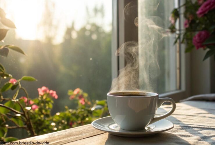 Cena tranquila de manhã com luz suave entrando pela janela, uma xícara de café e um fundo natural com folhas e flores.