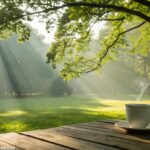 Cena tranquila e pacífica de manhã, com luz do sol filtrando pelas árvores em um parque verdejante, uma xícara de café em uma mesa de madeira e uma brisa suave.