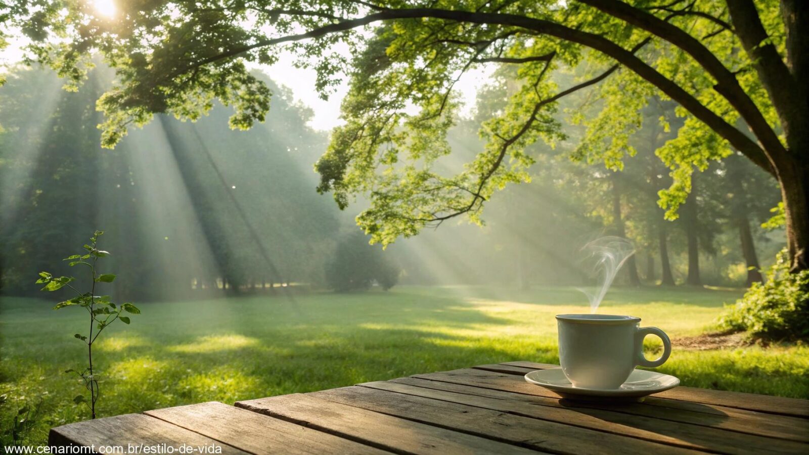 Cena tranquila e pacífica de manhã, com luz do sol filtrando pelas árvores em um parque verdejante, uma xícara de café em uma mesa de madeira e uma brisa suave.