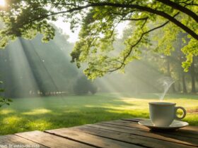 Cena tranquila e pacífica de manhã, com luz do sol filtrando pelas árvores em um parque verdejante, uma xícara de café em uma mesa de madeira e uma brisa suave.