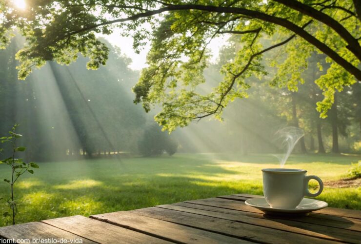 Cena tranquila e pacífica de manhã, com luz do sol filtrando pelas árvores em um parque verdejante, uma xícara de café em uma mesa de madeira e uma brisa suave.