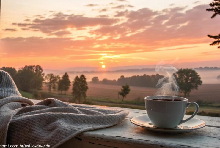 Cena tranquila de uma manhã ensolarada com uma xícara de café e vista para a natureza.