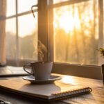 Cena tranquila de manhã com luz suave do sol entrando pela janela, iluminando uma mesa com uma xícara de café e uma planta pequena.