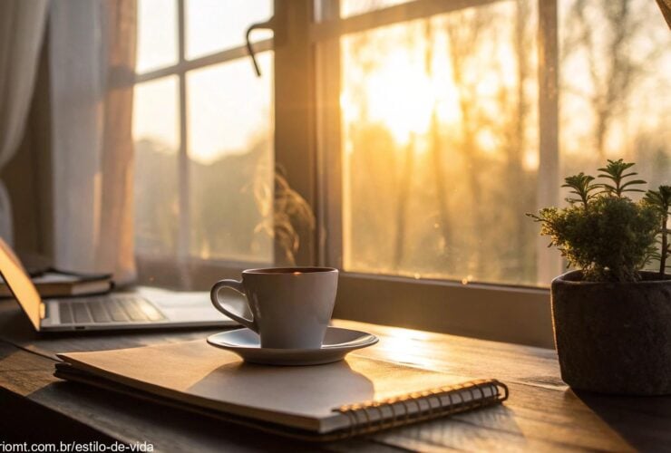 Cena tranquila de manhã com luz suave do sol entrando pela janela, iluminando uma mesa com uma xícara de café e uma planta pequena.