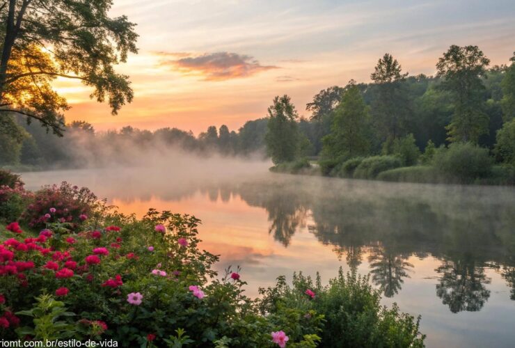 Nascer do sol sereno sobre um lago calmo com névoa subindo, cercado por árvores verdes e flores vibrantes