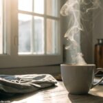 Cena tranquila e inspiradora de uma manhã de sexta-feira, com luz suave entrando pela janela e uma xícara de café ou chá