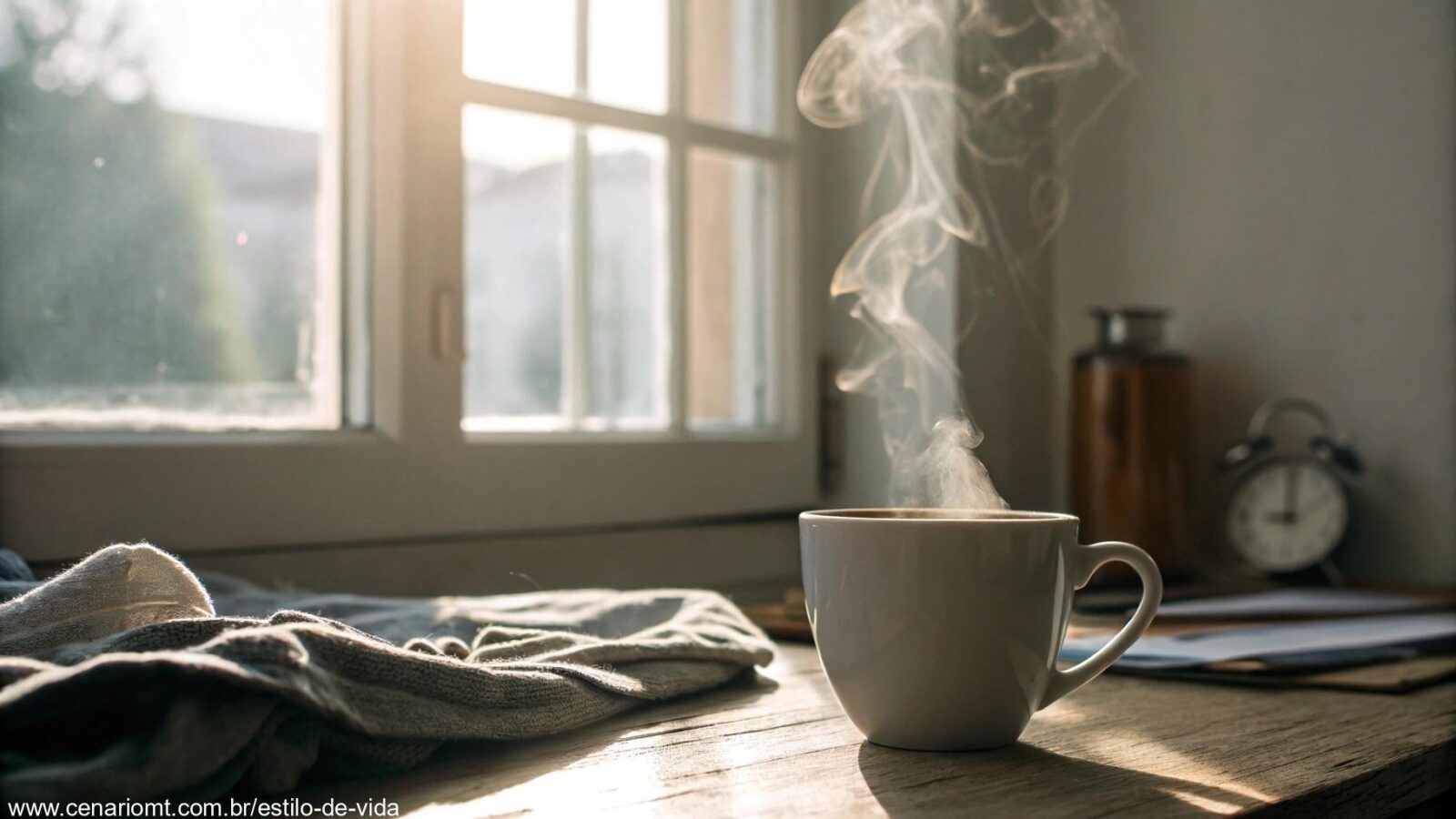 Cena tranquila e inspiradora de uma manhã de sexta-feira, com luz suave entrando pela janela e uma xícara de café ou chá