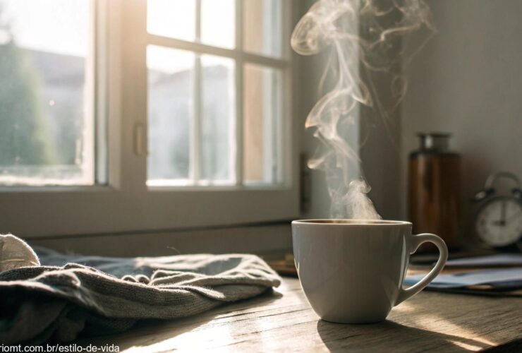 Cena tranquila e inspiradora de uma manhã de sexta-feira, com luz suave entrando pela janela e uma xícara de café ou chá