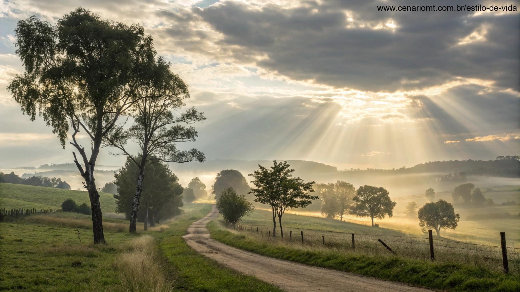 Paisagem serena de sábado com luz entre nuvens e pessoa orando, representando fé e bênçãos