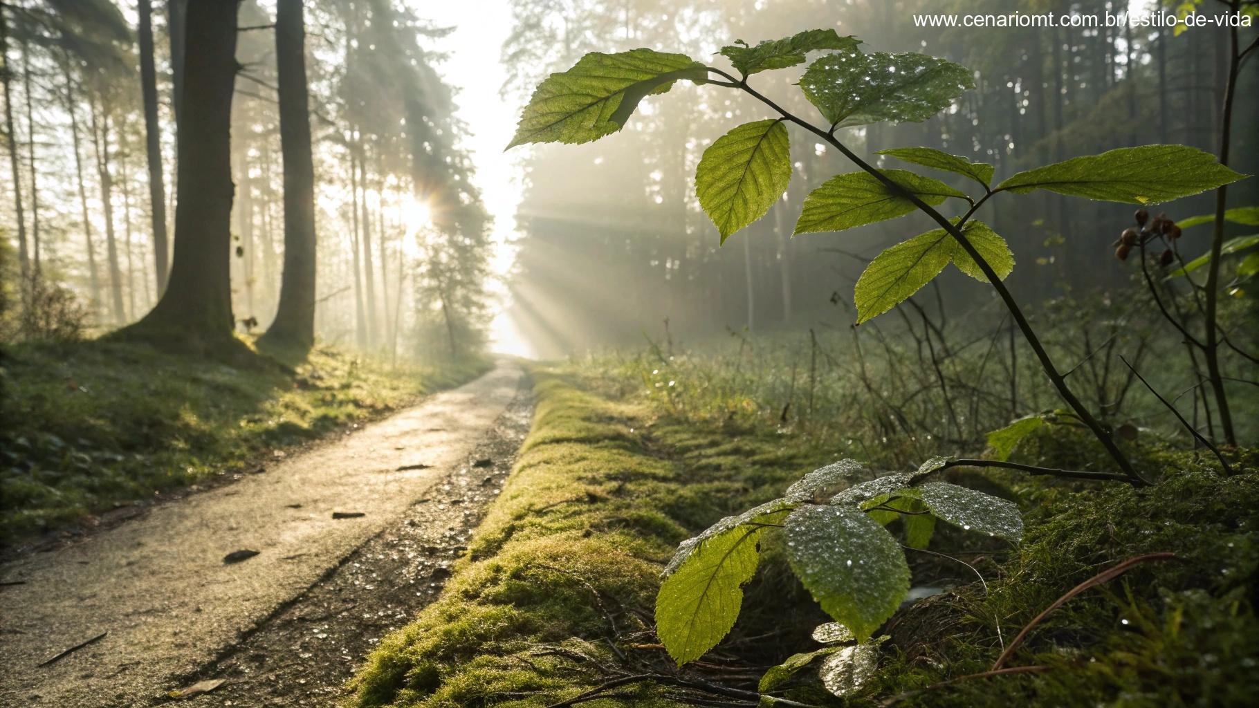 trilha na floresta ao amanhecer representando um novo dia com serenidade