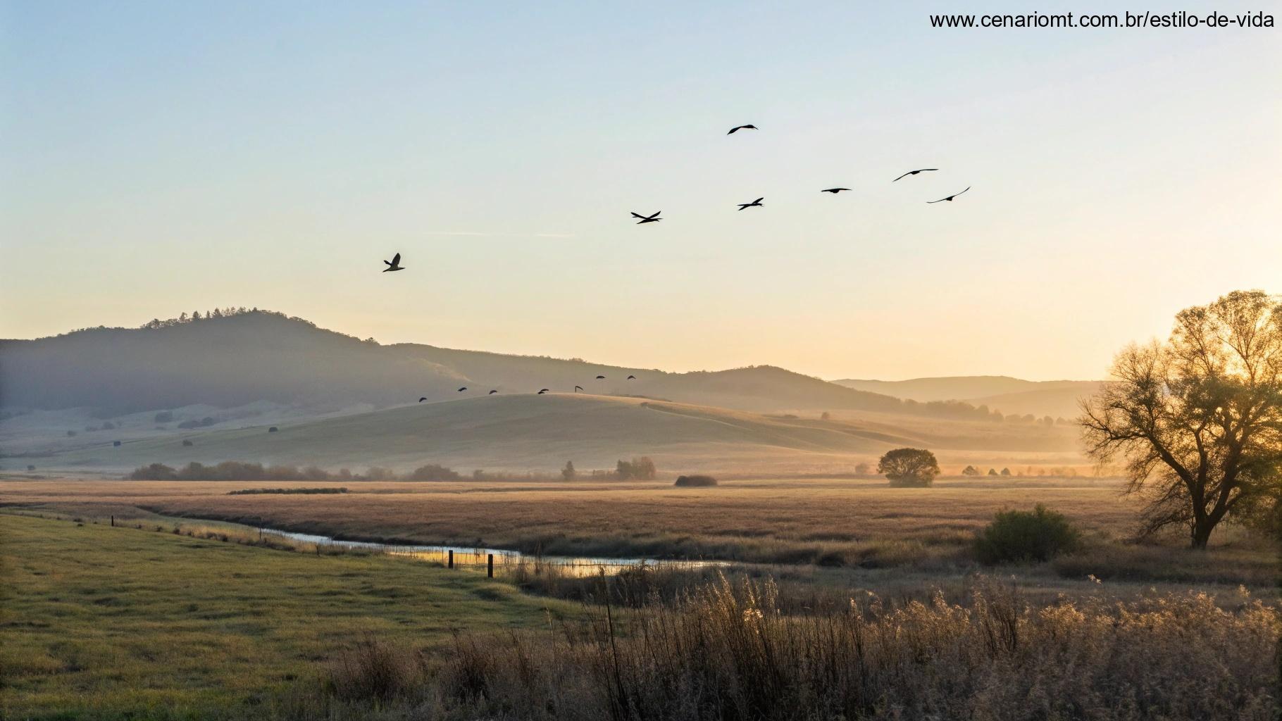 Paisagem natural calma ao amanhecer com céu limpo, colinas suaves, pássaros voando ao longe e sensação de novos começos