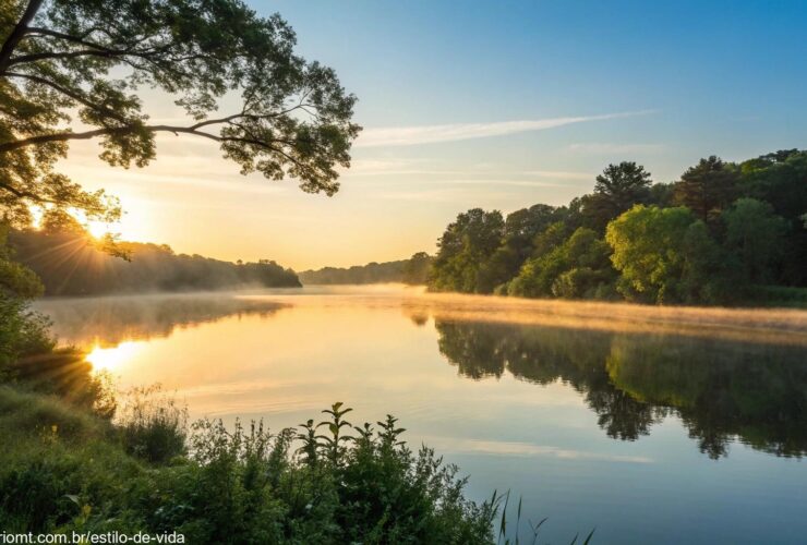 Nascer do sol sereno sobre um lago calmo com luz dourada refletindo na água, cercado por árvores verdes e céu azul