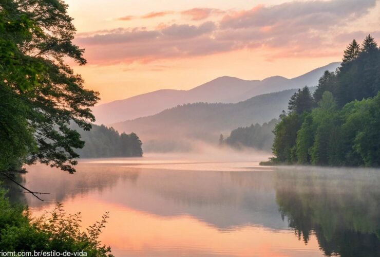 nascer do sol sereno sobre um lago calmo com tons suaves de rosa e laranja refletindo na água, cercado por árvores verdes exuberantes e montanhas enevoadas ao fundo